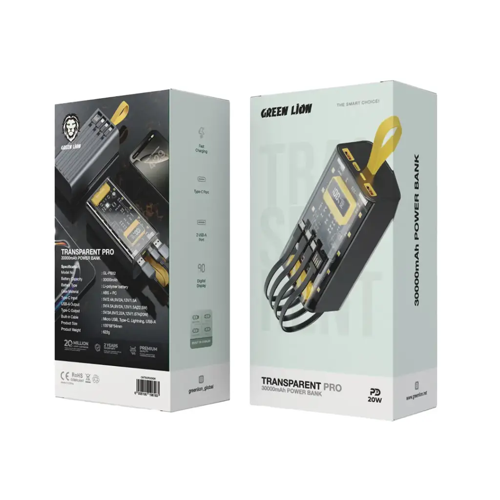 فروشگاه آنلاین نخلینو   - پاوربانک فست شارژ 30 هزار گرین لاین Green Lion Transparent Pro 30000mAh Power Bank